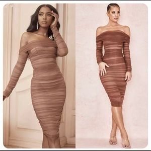 House of CB Anais tulle off the shoulder dress in chesnut, M